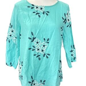Kindred Anthropologie Aqua Embroidered Blouse with 3/4 Sleeves